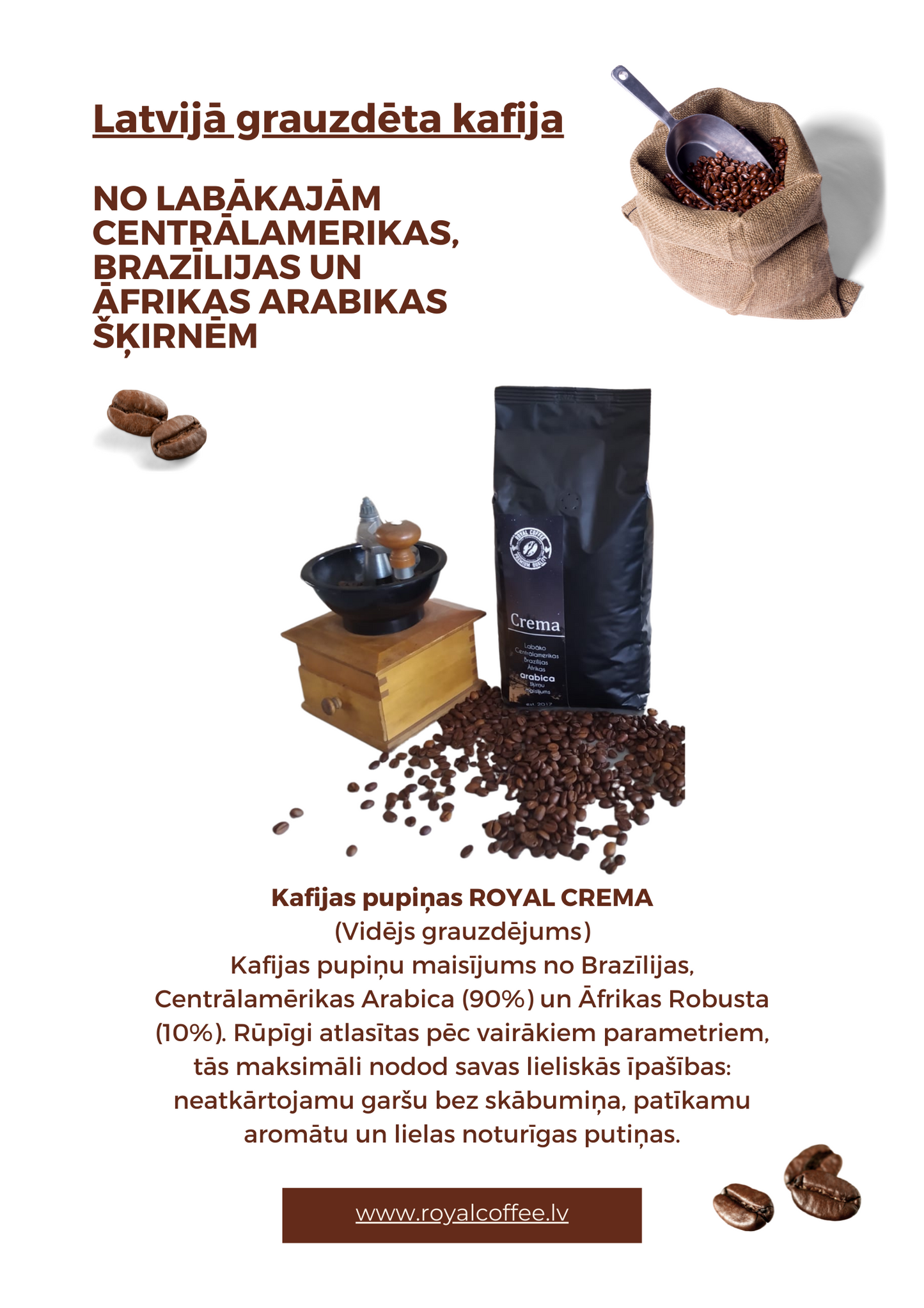 Latvijā grauzdēta pupiņu kafija "Crema", Kafijas pupiņas 1Kg