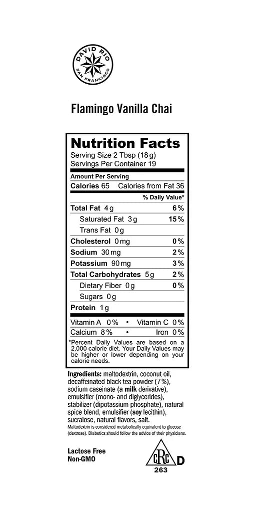 David Rio Flamingo Vanilla™ Chai – chai maisījums ar vaniļas garšu bez kofeīna, bez cukura (337 g bundža) 11018