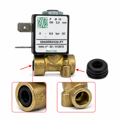 Saeco solenoīda vārsts 2 virzienu 24V 7W Xelsis SM sērijai komplektā ar 2 blīvēm (no abām pusēm) 421944069071 + 421944070611