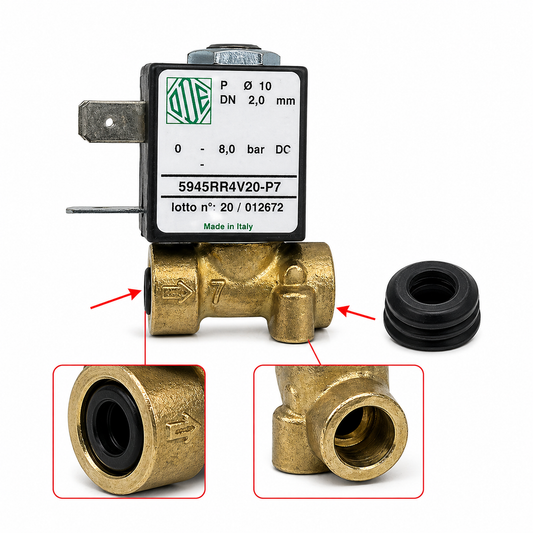 Saeco solenoīda vārsts 2 virzienu 24V 7W Xelsis SM sērijai komplektā ar 2 blīvēm (no abām pusēm) 421944069071 + 421944070611